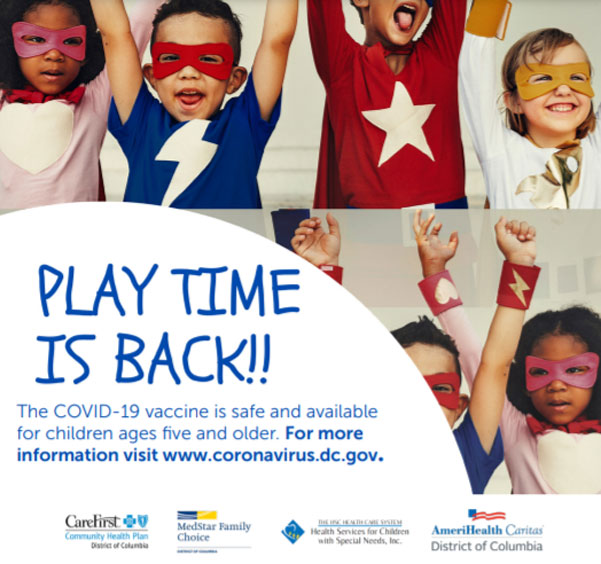 Collage image of children in super hero costumes with the words &quot;PLAY TIME IS BACK!&quot; in the corner.