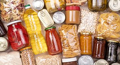 Various dry goods and canned foods.